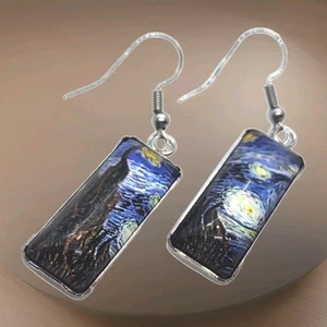 Orecchini pendenti traforati moda Van Gogh ispirazione pittura stellata blu notte - Foto 1 di 12