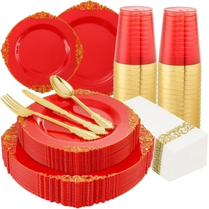 175PCS Red Plastic Plates,Red Disposable Plates With Gold Rim,Red and Gold Pl... - Picture 1 of 9