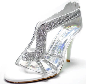 Neu Damenschuhe Reißverschluss hinten offene Zehenpartie Stilettos Strass Abschlussball Party weiß - Bild 1 von 11
