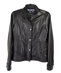 Tommy Hilfiger Mujer Moto Motocicleta Bolsillos con Cremallera Chaqueta de Cuero Negra Talla M - Imagen 1 de 10