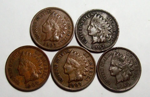 LOT OF 5 INDIAN HEAD CENTS--(1) 1901 & (4) 1907 INDIAN HEAT CENT VF TO XF--#233 Cover