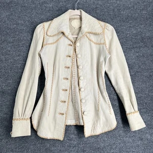 Vintage 70s North Beach Leather Jacket Off White Whipstitch Button Up Hippie - Picture 1 of 17
