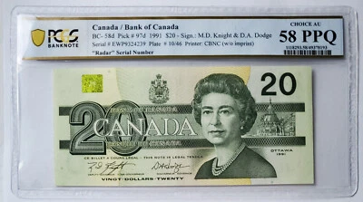 1991 CANADA $20 DOLLAR BILL -RADAR- PCGS CERTIFIED 58-PPQ - BANKNOTE PREFIX EWP - Image 1 of 4