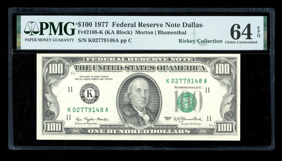 DBR 1977 $100 FRN Dallas Fr. 2168-K PMG 64 EPQ Serial K02779148A - Image 1 of 2