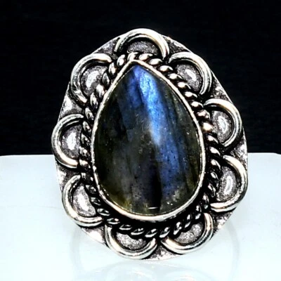 Joia anel feita à mão de prata maciça 925 pedra preciosa natural labradorita tamanho 5 - Imagem 1 de 4