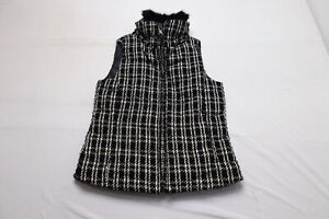 Talbots Women's Faux Fur Collar Down Puffer Vest MP7 Black/Ivory Small NWT