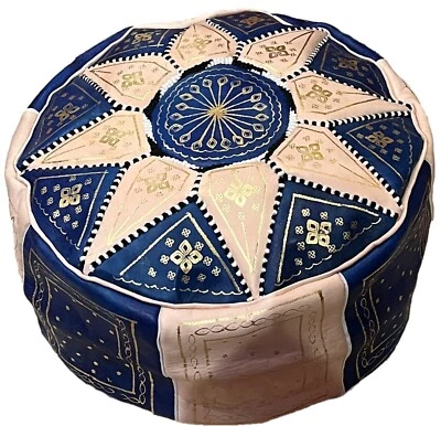 Moroccan blue pouf- Moroccan ottoman hassock - Moroccan pouf blue and beige - Image 1 of 4
