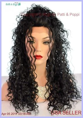 Peluca Rizada Larga Frontal de Encaje Color #1 Precioso Estilo Sexy Vendedor de EE. UU. 1167-A Foto 1 de 4