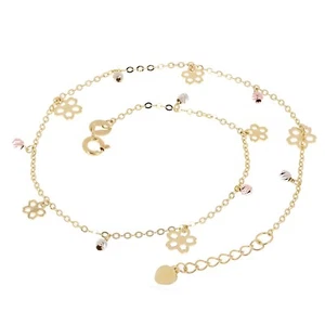 Italian 14k Tri Color Gold Flower & Ball Beads Charm Anklet Bracelet 10" 2 grams - Picture 1 of 5
