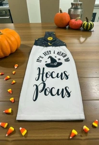 Halloween Hanging Dishtowel It's Just A Bunch of Hocus Pocus Black Lettering - Picture 1 of 6