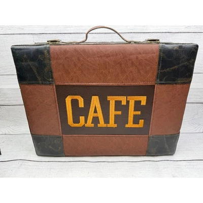Vintage CAFE Decorative Suitcase Trunk Box Brown Black Faux Leather Decor - Image 1 of 4