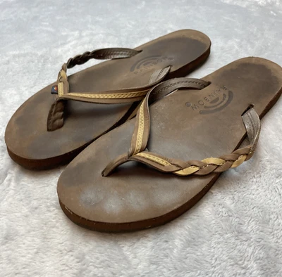 Rainbow Flirty Braidy Flip Flop Sandals Womens L-/7.5-8.5 Brown Gold Leather - Image 1 of 4