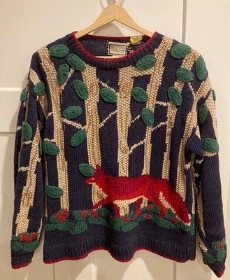Vintage 1990s hand knit sweater Cabela's woman S tree and fox 3D Picture knit - Image 1 of 4