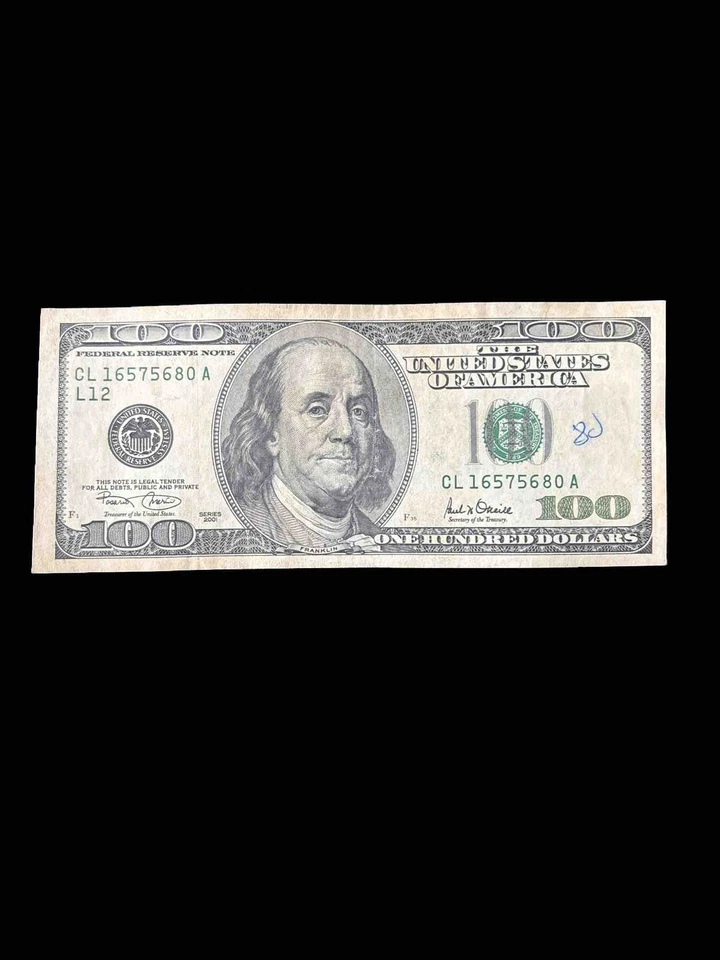 $100 Bill 2001 Series – Circulated Federal Reserve Note – Benjamin Franklin - Image 1 of 2