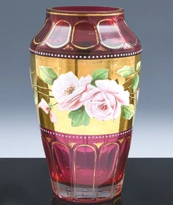 VERY FINE c1900 ANTIQUE MOSER BOHEMIAN ENAMEL ROSES CRANBERRY GLASS CABINET VASE - Picture 1 of 11