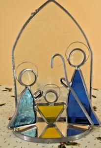 Vintage Buntglas Weihnachten Krippe Windlicht Teelicht Kerzenhalter 8'x5"x6" - Bild 1 von 6