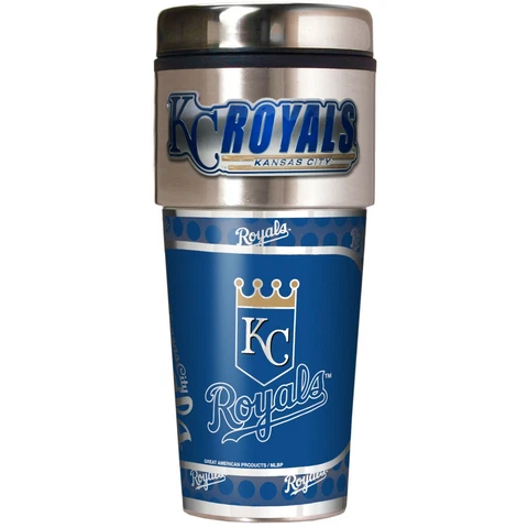 KANSAS CITY ROYALS 16 OZ STAINLESS STEEL COFFEE TRAVEL MUG WITH METAL EMBLEM Cover