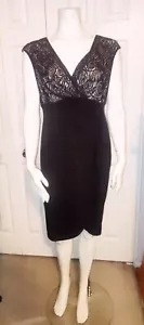 Maggy London Black Draped Bodycon Dress w/ Black Lace Overlay over Beige Liner - Picture 1 of 10