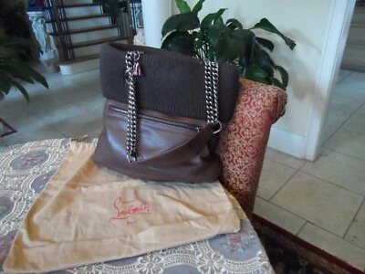 Christian Louboutin Chocolate Brown Leather Shoulder Bag w/Wool Cable Knit Trim - Image 1 of 4