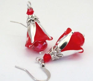 Red Flower Earrings Silver Plated Valentine Gift Birthday Holiday Boho Bohemian - Picture 1 of 10