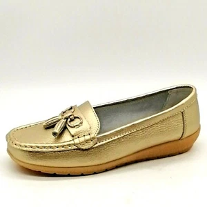 Womens Slip On Tassel Loafers Gold Wedge Heel Square Toe Cushioned EUR 40 NEW - Picture 1 of 9