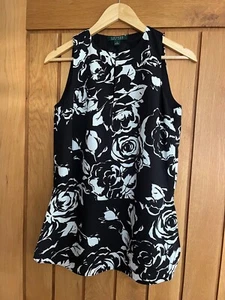 LAUREN RALPH LAUREN Blouse Black White Rose Floral Size 4 Fits 8 10 Top Shirt - Picture 1 of 4