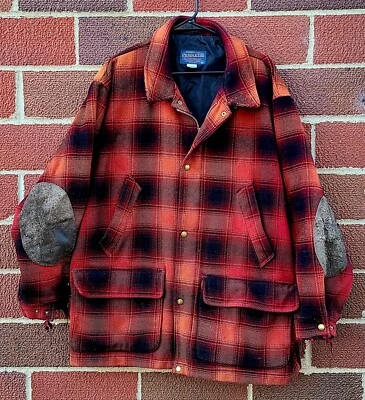 Pendleton Lana Envejecida Rojo Naranja Cuadros Lumber Jack XL Abrigo Gamuza Codo Parche Foto 1 de 4