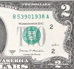 B 5390 1938 A : TRAILING YEAR 1938 $2 Two Dollar Bill Serial Number - Picture 1 of 3