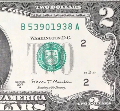 B 5390 1938 A : TRAILING YEAR 1938 $2 Two Dollar Bill Serial Number - Image 1 of 3