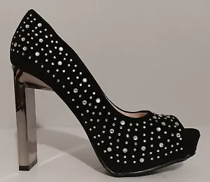 NEW!! Fahrenheit Black Suede Rinestone Peep Toe Pumps 5" Heel Size 8M US 38M EUR - Picture 1 of 3