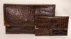 BORSA POCHETTE VINTAGE IN PELLE STAMPA COCCODRILLO MARRONE CON BORSETTA ABBINATA - Foto 1 di 3