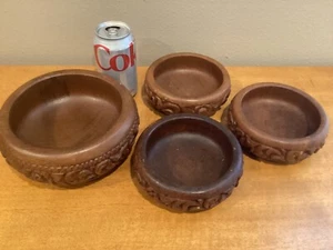 4 Rustic Wooden hand carved floral bowls handcrafted decor 1 large, 3 smaller - Picture 1 of 4
