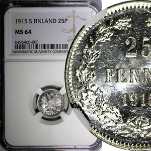 FINLAND Nicholas II Silver 1915 S 25 Pennia NGC MS64 WWI GEM BU KM #6.2 (005) - Picture 1 of 4