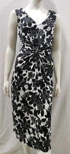 DIANA FERRARI sz L 14 B&W Floral STRETCH Shift DRESS Knot Front V-neck #C3 - Picture 1 of 11