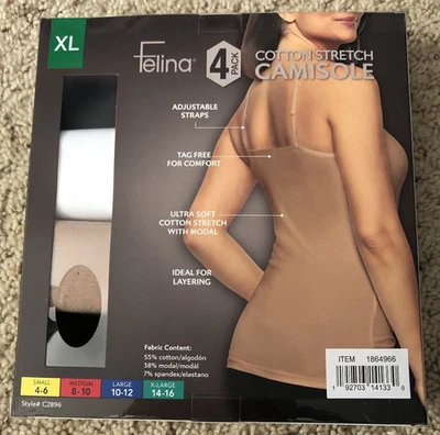 Felina Women's Camisole 4-pack Cotton Stretch Adjustable Straps Sz XL NEW Sealed - Image 1 of 3