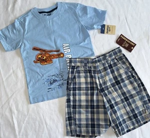 NEW OshKosh B'Gosh Faded Glory Kid Boy 6 Plaid Shorts Set Helicopter Shirt Top - Picture 1 of 9