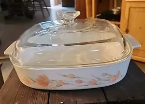 Corning Ware Peach Floral A-10-B 2.5 Liter Casserole Dish Original Pyrex Lid - Picture 1 of 9