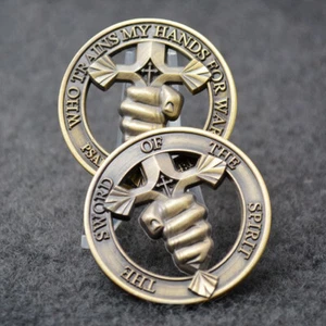 10 PCS Coin Cross Who Trains My Hand Challenge For Wars The Sword of The Spirit - Picture 1 of 5