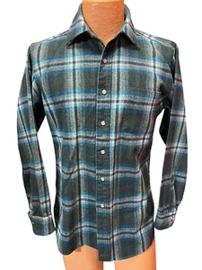 Vtg 60s Mens M Pendleton Shirt Green Blue SHADOW PLAID One Pocket Shirt-tail Hem - Picture 1 of 9