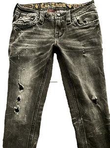 WOMENS Rock Revival Destroyed "CELINDA" Charcoal Grey Flap Skinny Jeans 27x31 - Picture 1 of 11