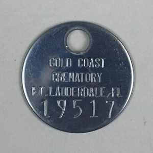 Ficha de identificación crematoria Gold Coast con etiqueta funeraria de colección Ft Lauderdale FL metal nueva de stock - Imagen 1 de 8