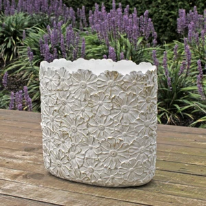 3D Blüten Blumenübertopf Groß Oval Weiß dezent Gold Blumentopf Shabby Landhaus  - Bild 1 von 3