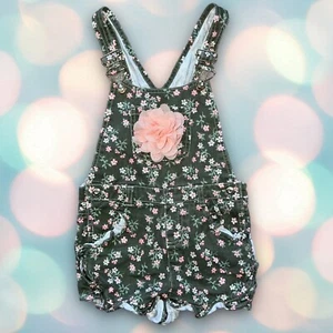 Girl’s Floral Olive Green and Pink Denim Overalls Shorts Shortalls Size 6 - Picture 1 of 2