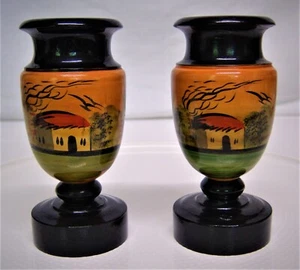 Vtg Asian Handpainted Lacquered Wood Turned Candlesticks Pair 5 1/8"T x 2 1/4" D - Picture 1 of 10