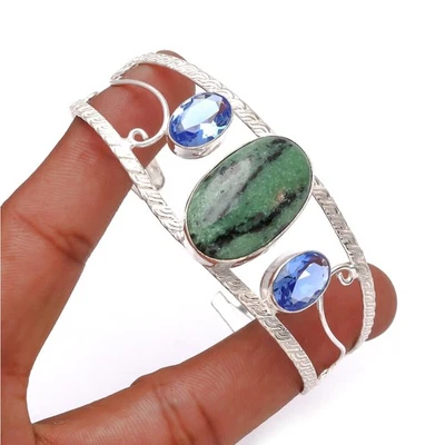 Ruby Zoisite Iolite Quartz Simulated Stone Ethnic Cuff Bangle Bracelet 7 I596 - Image 1 of 4