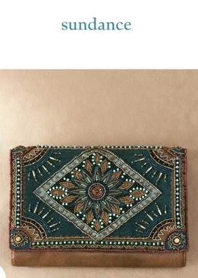 NEW SUNDANCE Leather Mary Francis Envelope Clutch Crossbody Shoulder Purse Beads - Image 1 of 4