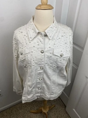 Quacker Factory 1X White Denim Jacket Swarovski Pearl Embellished - Image 1 of 4