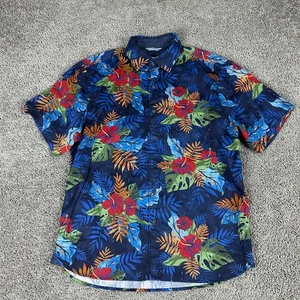 Tommy Bahama Shirt Mens Medium Blue White Hawaiian Hibiscus Tencel Blend READ - Picture 1 of 12