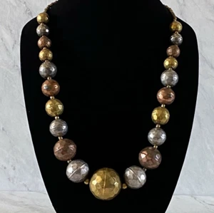 Vintage Hohlperlen Grob Statement Halskette Mehrfarbig Messing Silber Kupfer - Bild 1 von 4