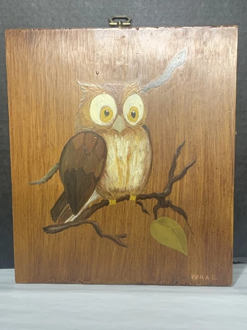 Wood Hand Painted Owl Wall Hanging Artwork Signed Bohemian Cover